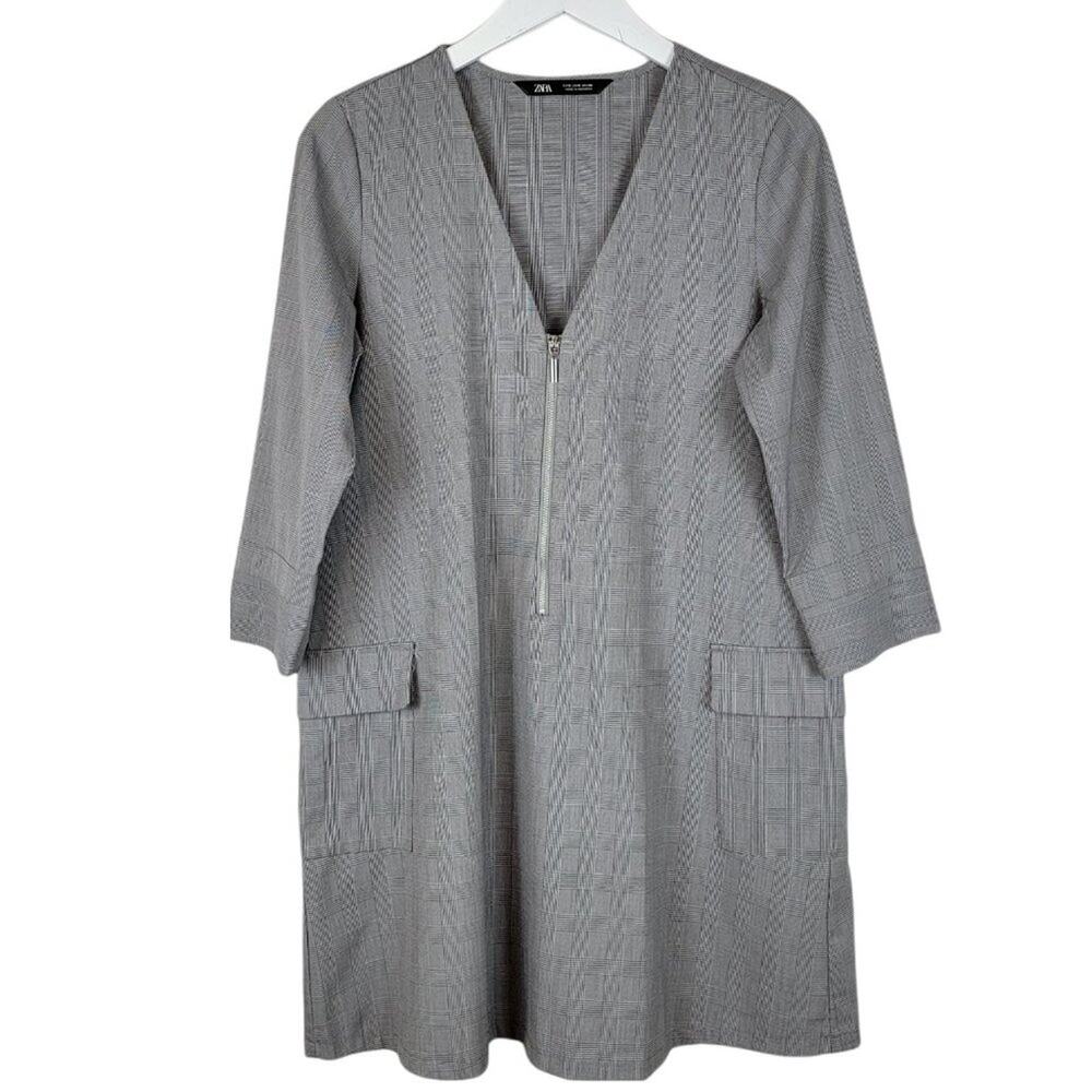 ZARA Glen Plaid V-Neck Patch Pocket Zip-Front Modern Sheath Dress - Size S - Picture 3 of 8